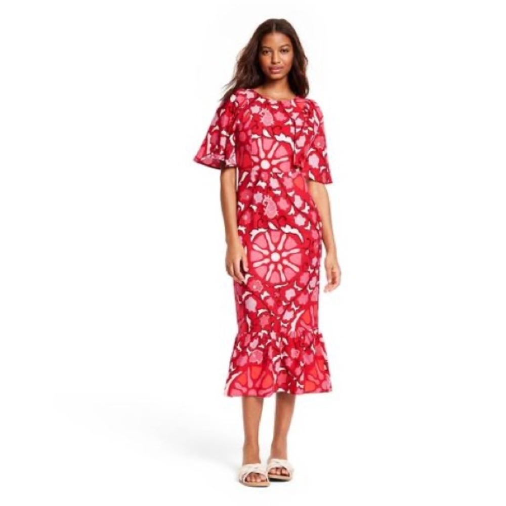 RHODE x Target NEW Large Zinnia Floral Print Bell Sleeve Midi Dress - Red/Pink 6